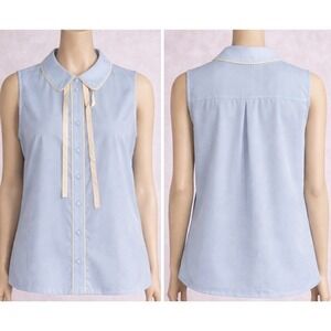 Tulip B Blouse Womens Medium Blue Peter Pan Collar Preppy Sleeveless Button Up
